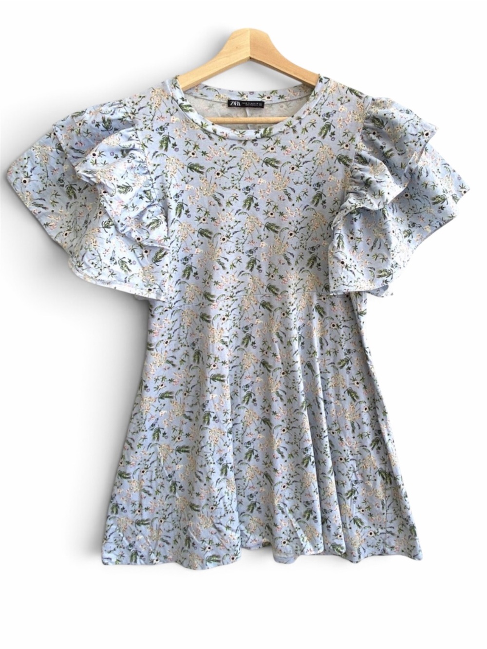 Zara Blue Floral Ruffle Sleeve A-Line T-Shirt Dress | Size Large